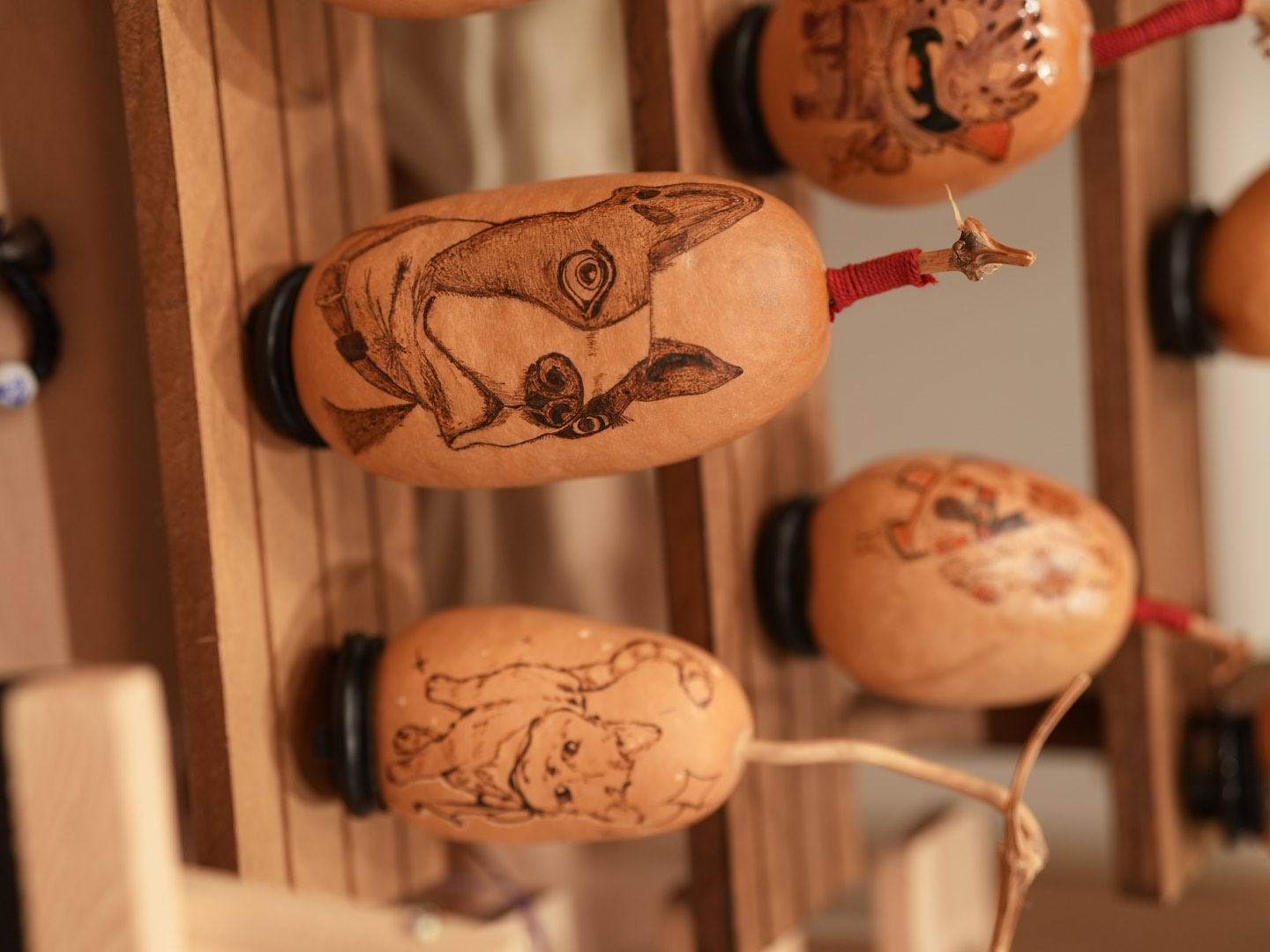 Hand-burned drawings on natural gourds